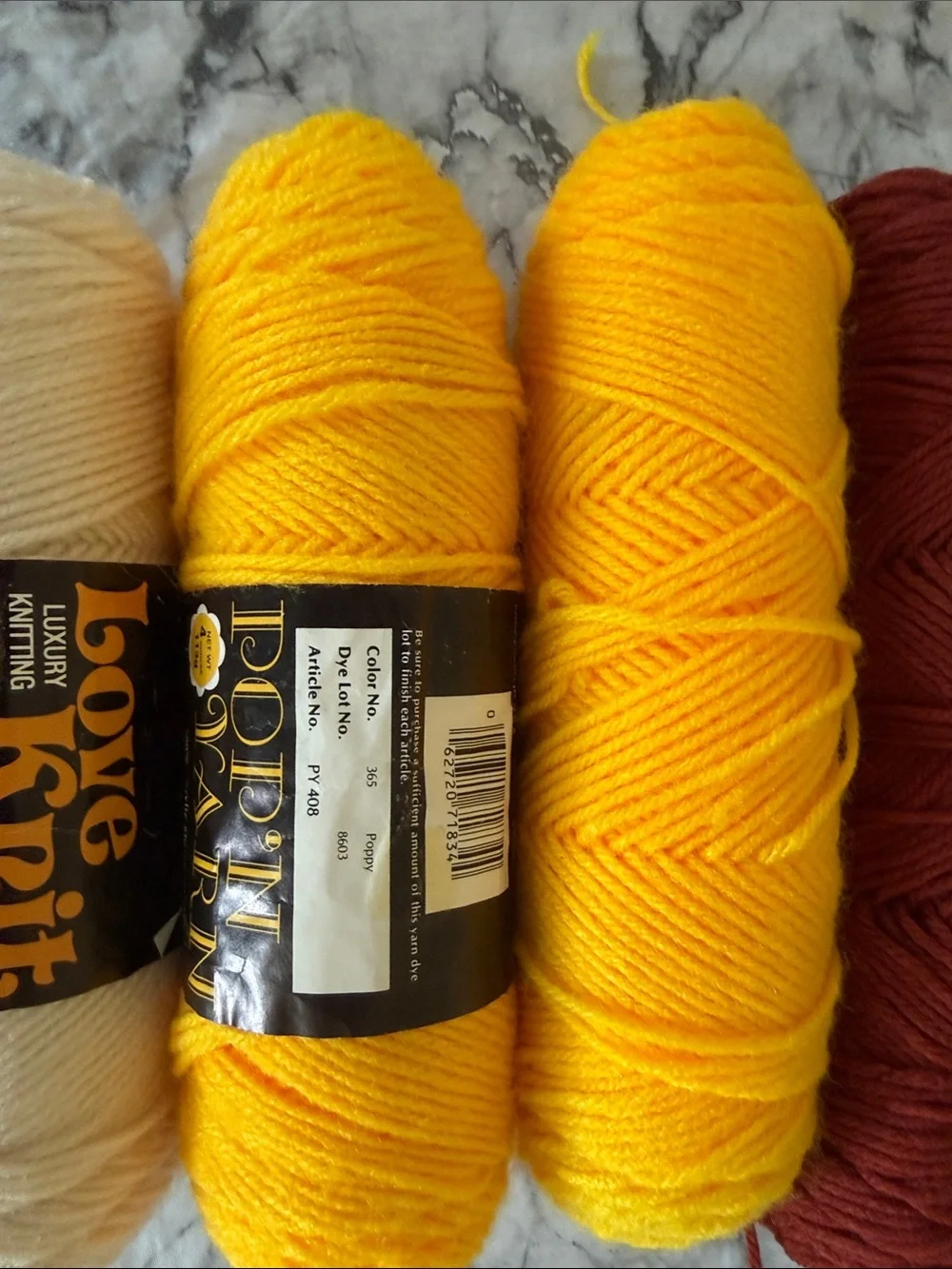 Yarn Bundle, Bright Yellow, Deep Brownish Red & Off White. 7 Skein Bundle.